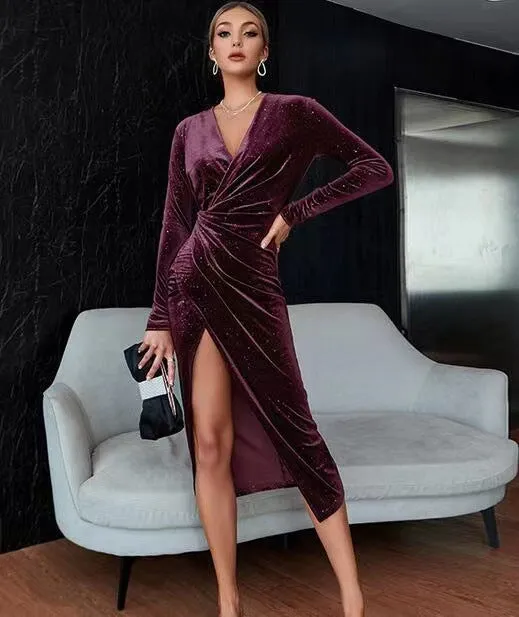 2024 Europe and America Cross Border Hot Trade New Evening Dress Sexy Leg Exposed Long Sleeve Mid-Length Dress Gold Velvet Nightclub Dress