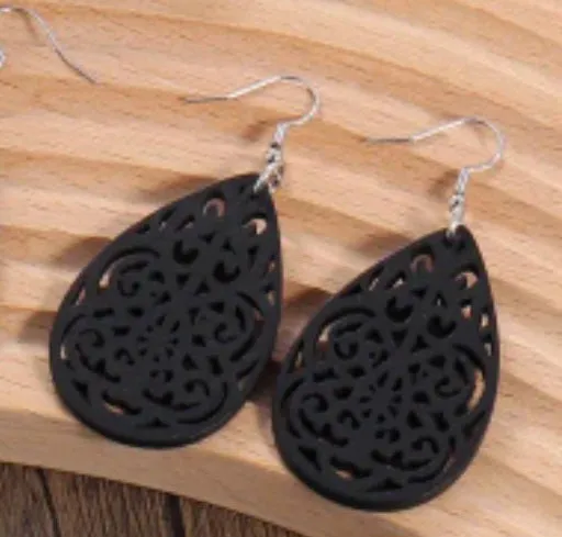 Black Wood Intricate Teardrop Earrings