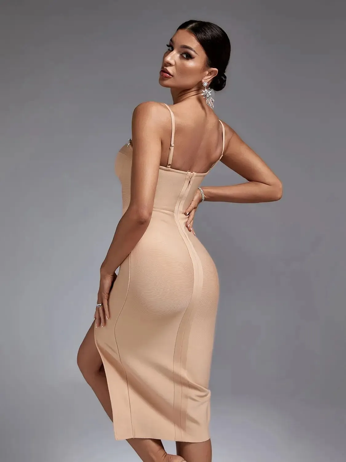 DressBetty - 2024 Crystal Party Elegant Sexy Nude Embellished Midi Bodycon Dress