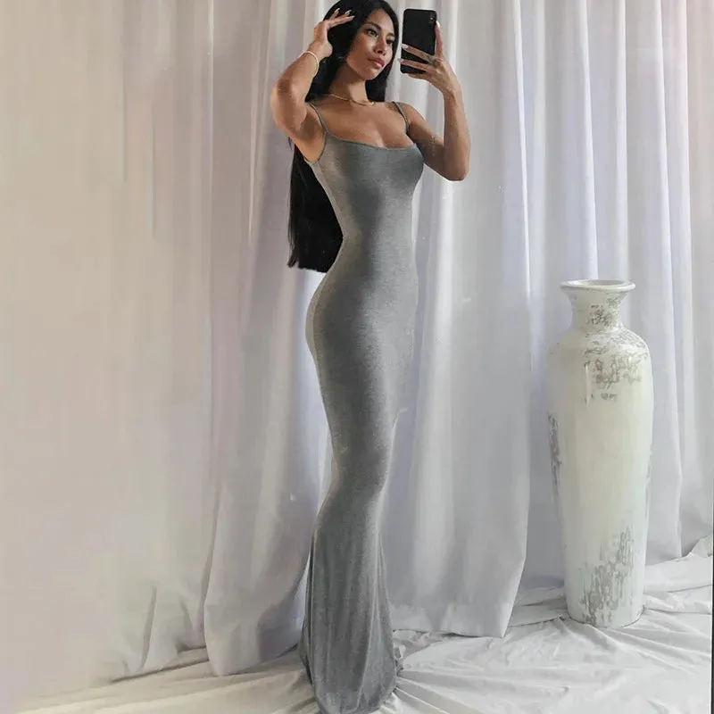 DressBetty - 2024 Y2k Sleeveless Solid Skinny Bodycon Trumpet Maxi Dress