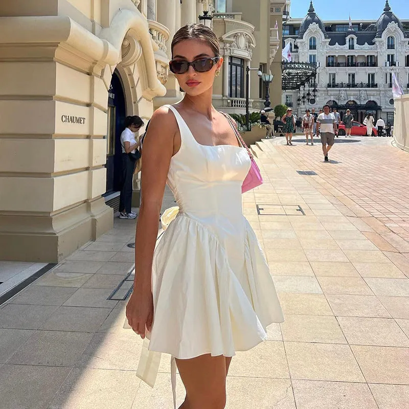 European and American Sexy Hot Girl Wind Back Hollow out Strap Princess Dress  Solid Color U-Neck High Waist A- line Jumpsuit Skirt