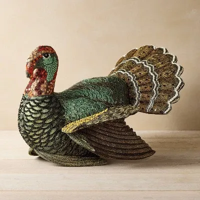 New - 16"x15" Beaded Turkey Novelty Plush Pillow - John Derian