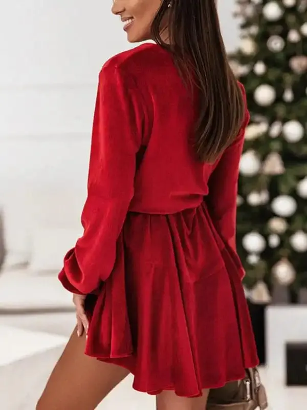 New women’s fashionable long-sleeved V-neck Korean velvet autumn and winter dress