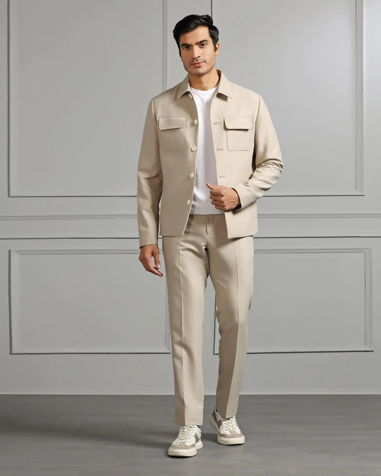 Two Piece Beige Solid Formal Suit - Cordex