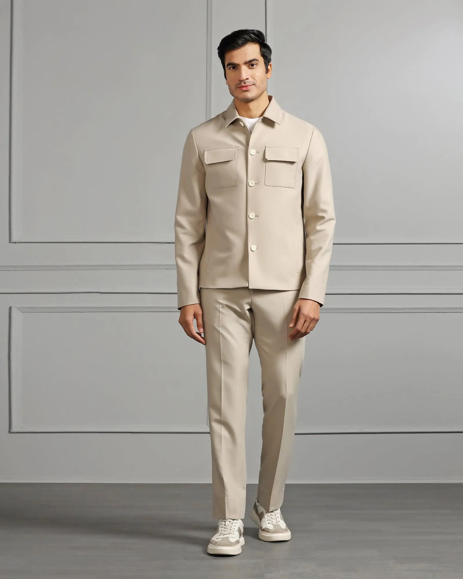 Two Piece Beige Solid Formal Suit - Cordex