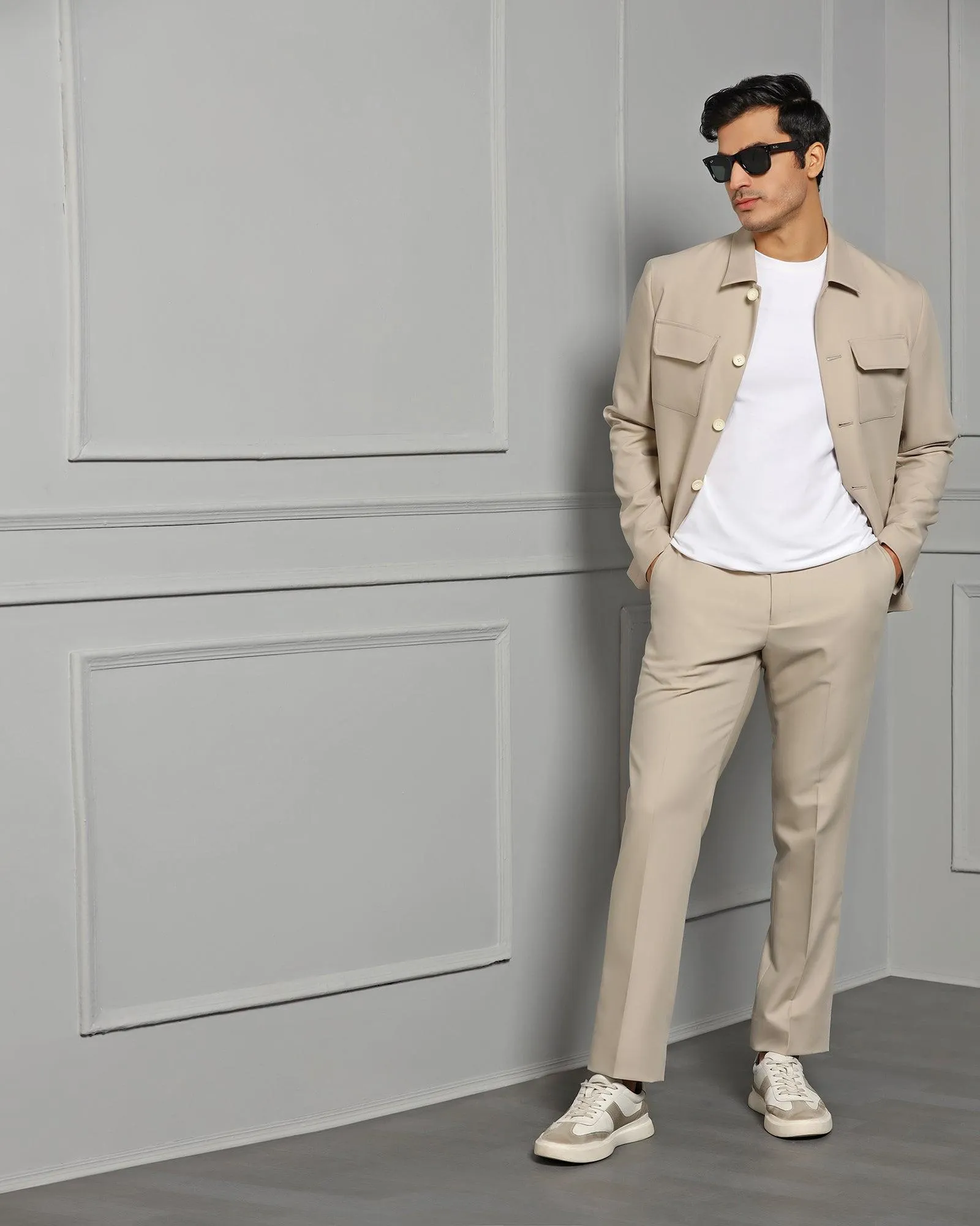 Two Piece Beige Solid Formal Suit - Cordex