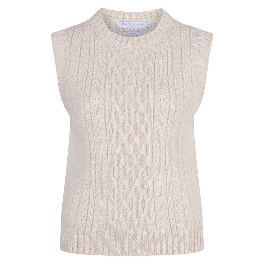 Womens 100% Chunky Merino Wool Cable Sleeveless Jumper