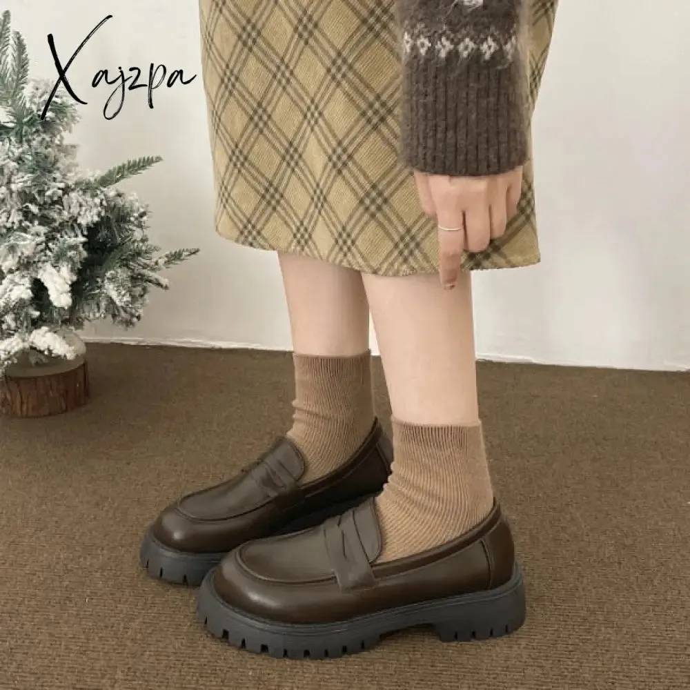 Xajzpa - Women Shoes Autumn Round Toe Female Footwear All-Match Loafers With Fur Clogs Platform Casual Sneaker British Style Oxfords Fall